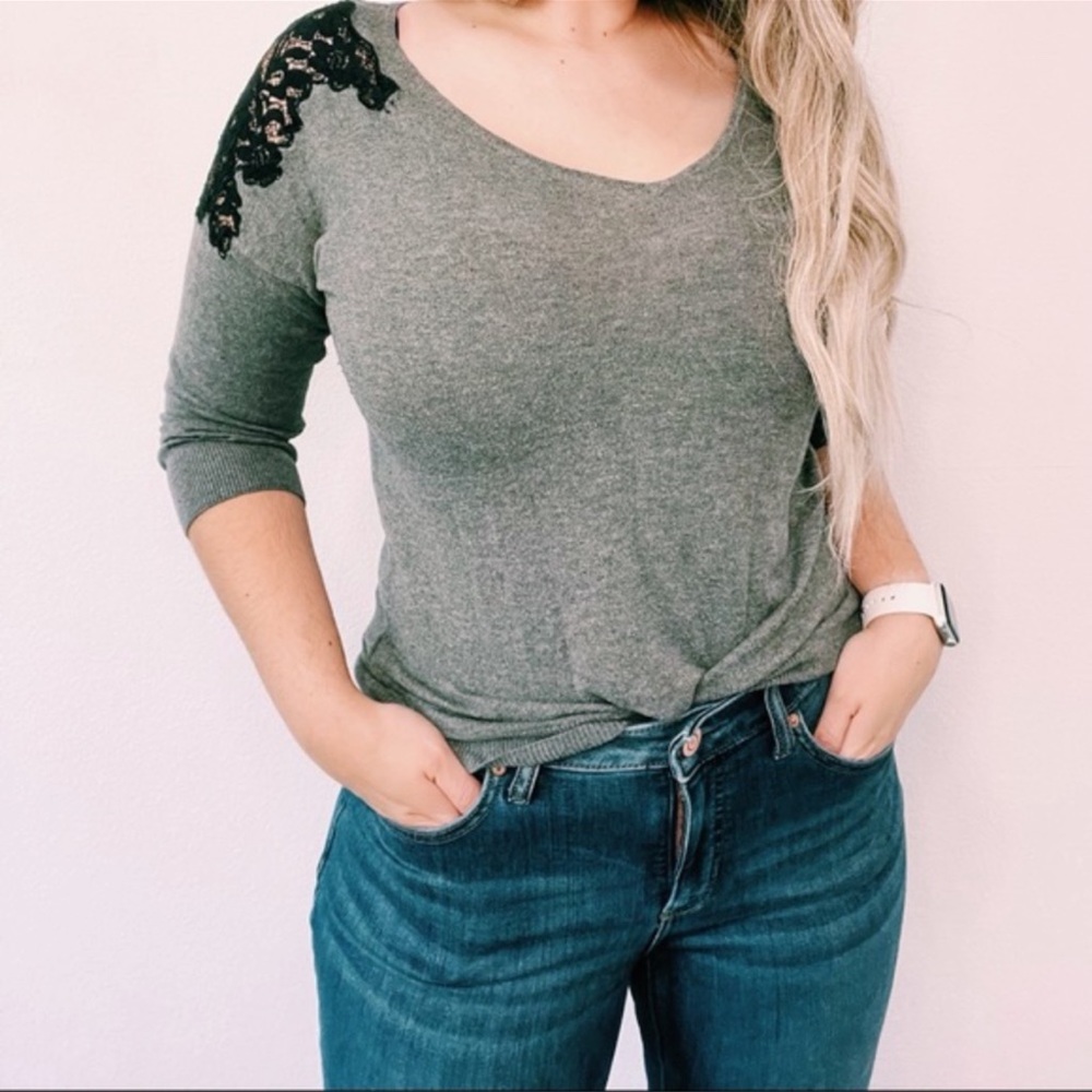 Ann Taylor Loft Lace V-Neck Sweater Gray Medium